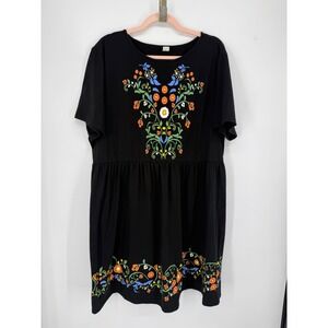 Babydoll Dress Women 4X Black Floral Folk Art Boho Short Sleeve Plus Size